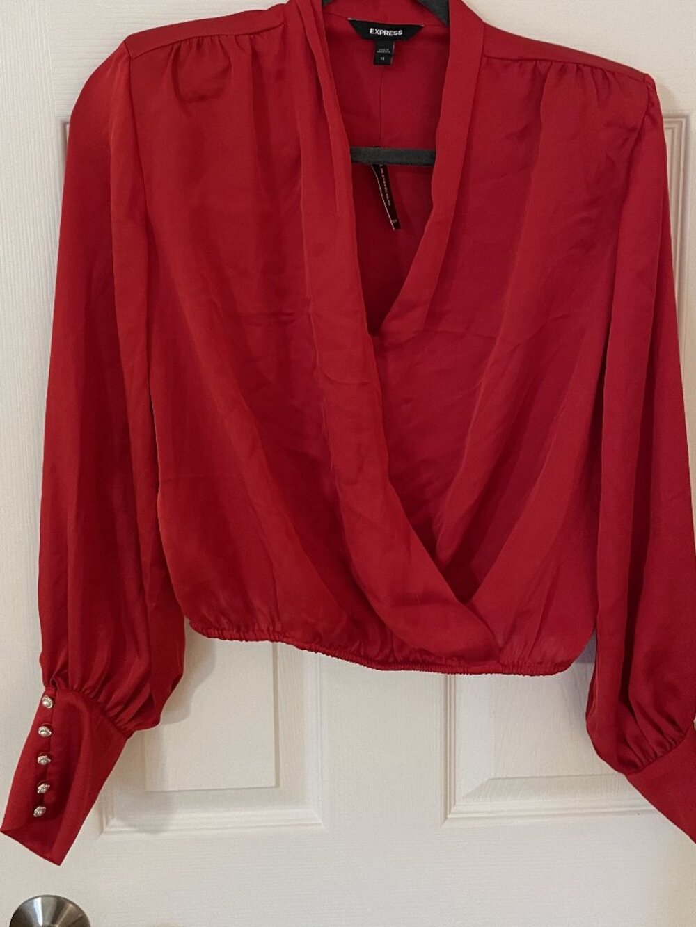 EXPRESS Red Satin Pearl Cuff Wrap Blouse XS